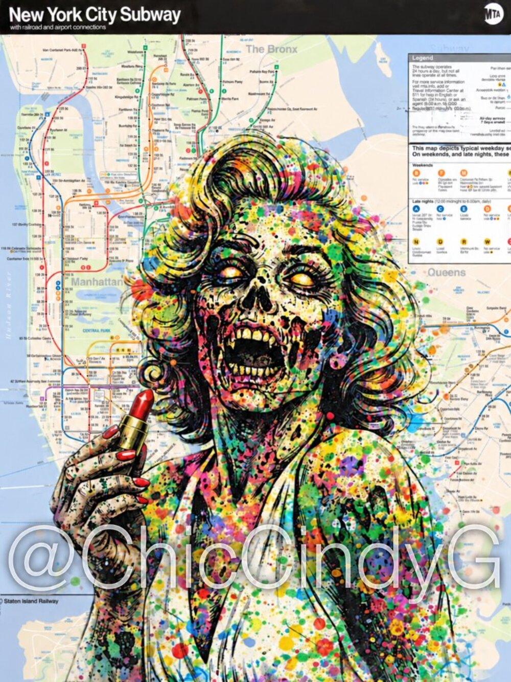Rare Marilyn Monroe Zombie NYC Subway Map 8x12 Metal Sign Wall Art Salon Decor